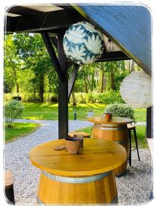 卡斯泰Au Clair Des Landes的蓝篷帐篷下的木桌
