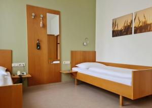 维克托尔斯博格Hotel Viktor的一间卧室配有一张床和镜子