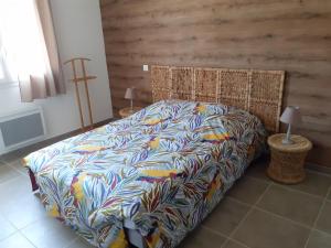 吕奥姆Les LOCS Du GRAZEL的卧室内一张带五颜六色棉被的床