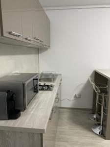 北马马亚-讷沃达里Studio Ra Mamaia-Nord的厨房配有白色橱柜和台面