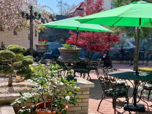新扎姆基Penzión Rosel的一个带桌椅和绿色遮阳伞的庭院
