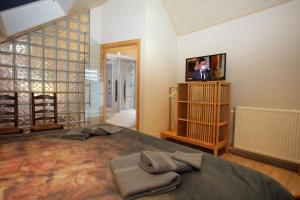 奥登布尔格vakantiehuis Plassendale的一间卧室设有一张大床,墙上设有一台电视机