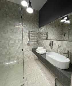 特鲁斯卡韦茨Апарт-Готель у центрі Трускавця的一间带水槽和玻璃淋浴的浴室