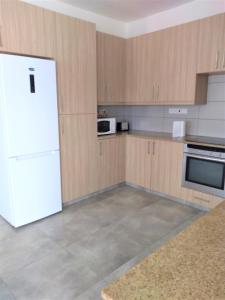 拉纳卡T&E Villa的厨房配有白色冰箱和木制橱柜。