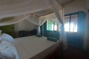 伊尼扬巴内Casa Alegria Tofo Beach的卧室配有白色的床和窗户。