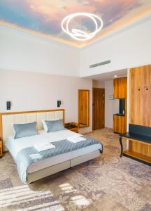 克拉科夫Sky Hotel Kraków的一间卧室配有一张大床和电视