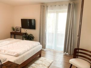 罗塞格Appartamento Giovanna Rosegg的一间卧室设有一张床、一台电视和一个窗口。
