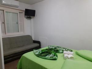 卡内拉Magias da Serra的一间配有沙发和一张绿毯床的房间
