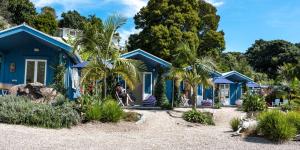 OstendBoatsheds on the Bay, Waiheke Island的一座棕榈树的蓝色房子