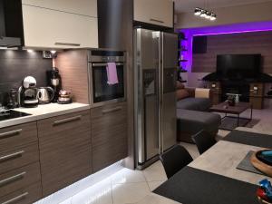 斯巴达Luxury Home的一间带不锈钢用具的厨房和一间客厅