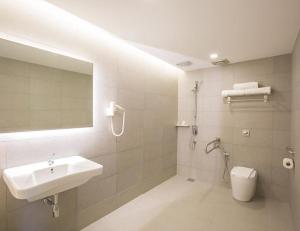 新山Minimalist Hotel的一间带水槽、卫生间和镜子的浴室