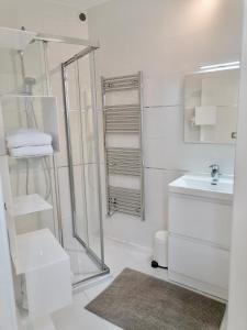 圣艾米隆12 Rue des Ecoles的带淋浴和盥洗盆的白色浴室