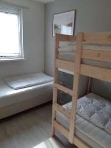 霍勒姆Appartement, Kaap 123 - Ameland的一间卧室设有两张双层床和一扇窗户。