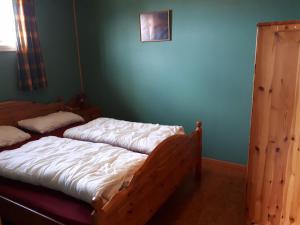 AskEimind Feriehus的一间卧室设有两张床和绿色的墙壁