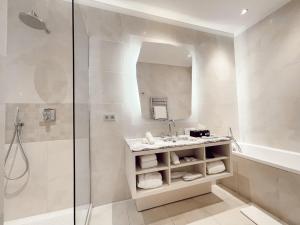 瓦朗斯皮克住宅酒店的带淋浴、盥洗盆和镜子的浴室