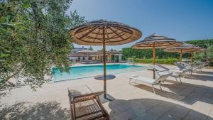 圣乔瓦尼·罗通多VILLA DEL GARGANO 4&2, Emma Villas的一个带椅子和遮阳伞的游泳池和一个游泳池