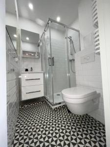 华沙Sąsiad Syrenki - Old Town Apartment的一间带玻璃淋浴和卫生间的浴室