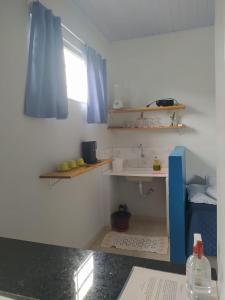 卡瓦坎特Chalés Aconchego的客房设有带水槽和书架的厨房