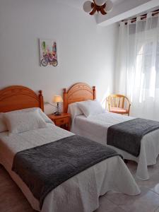 格罗韦Apartamento A Canteira的一间卧室配有两张床和吊扇