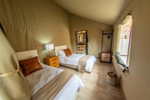 蒙塔古Grysbokkloof Private Nature reserve luxury Glamping 6km from Montagu的一间卧室配有两张床和镜子