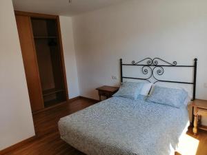 内安诺Apartamentos MonteBlanco Costa da Morte的一间卧室配有一张带蓝色枕头的大床