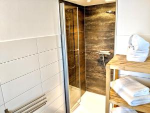 弗伦斯堡fewo1846 - Hyggelig Ferie - komfortable ländlich gelegene 2-Zimmer-Wohnung的浴室里设有玻璃门淋浴