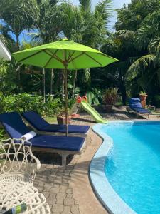 拉迪格岛帕尔马小屋酒店的一个带绿色遮阳伞、椅子和滑梯的游泳池