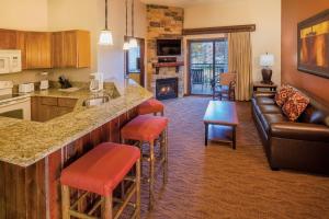 Lake DeltonClub Wyndham Glacier Canyon的厨房以及带酒吧和沙发的客厅。