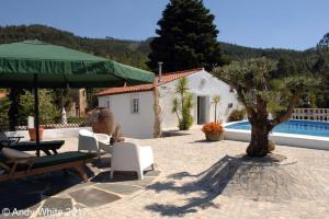 科英布拉Quinta da Granja Gardener's cottage的一个带椅子和遮阳伞的庭院和一个游泳池