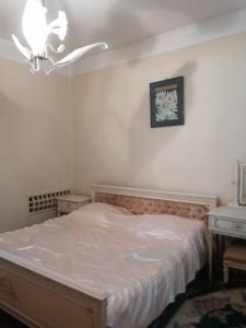 巴统Apartment on Rustaveli 41的一间卧室配有一张床、一盏灯和一张桌子