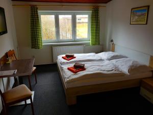 塔查斯卡-鲁穆尼卡萨散卡酒店的一间卧室配有一张床、一张桌子和一个窗户。