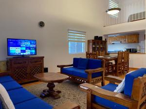 瓜纳华托La Casa de la Glorieta的客厅配有蓝色的家具和电视。