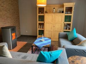 EhndorfHaus Wald und Wiese Wohnung Wald的客厅设有两张沙发和一个壁炉
