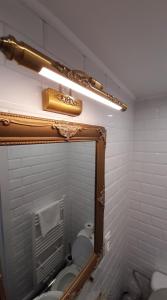 贝弗伦Bosdam Budget Rooms的浴室设有镜子、卫生间和灯