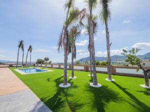 卡尔塔马Cubo's Villa Miraflores的庭院里一排棕榈树,设有游泳池