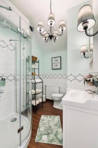 莫雄马扎尔古堡Monarchia Cottage Apartman的带淋浴、盥洗盆和卫生间的浴室