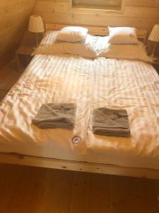 JaryszewoLawendowy Brzeg的一张带两条毛巾和两个枕头的床