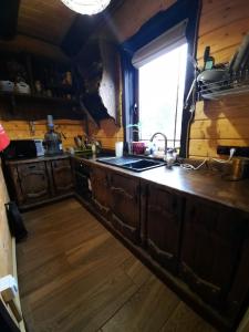亚列姆切Карпатский Рай的厨房配有木制橱柜、水槽和窗户。