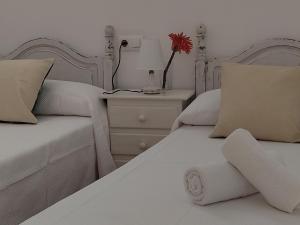 博罗尼亚Apartamentos Bolonia - M a n u e l a的一间卧室设有两张床和一张桌子,上面有花