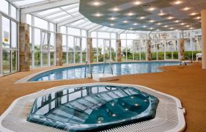 阿尔贝纳拉古纳海滩酒店的一座大型室内游泳池,位于一座带窗户的建筑中