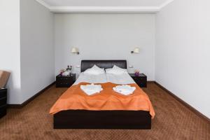 札勒乌HOTEL OPAL Zalau的一间卧室配有一张床,上面有两条毛巾