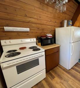 BessemerMittenwald的厨房配有白色炉灶和冰箱。