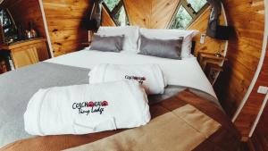 圣克鲁兹Colchagua Tiny Lodge的一个小房子里的一张床位,上面有毛巾