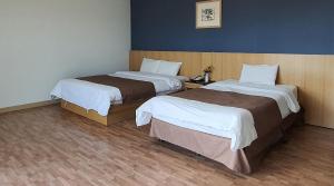 济州市布鲁夏威夷度假村的配有两张床的酒店客房中的两张床