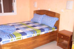 布拉柴维尔HOTEL-LE-PARISIEN的一张带木制框架和蓝色枕头的床
