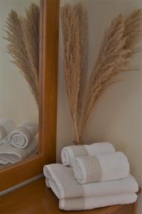 卡利斯托斯Politia Villas的浴室提供镜子和白色毛巾
