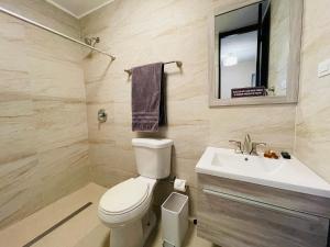 庞塞Private Patio Retreat with Zen Vibe的一间带卫生间、水槽和镜子的浴室