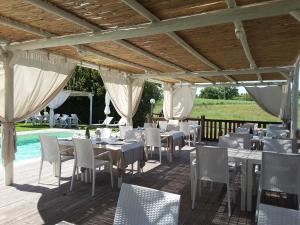 斯坎萨诺Agriturismo la Gioia的一间带白色桌椅的餐厅和一个游泳池