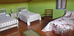MoránCasa do Cartón的绿色卧室配有两张床和椅子