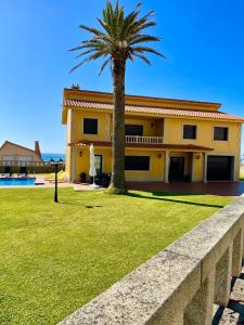 奥亚Casa Con Piscina Junto Al Mar的一座黄色房子,前面有一棵棕榈树